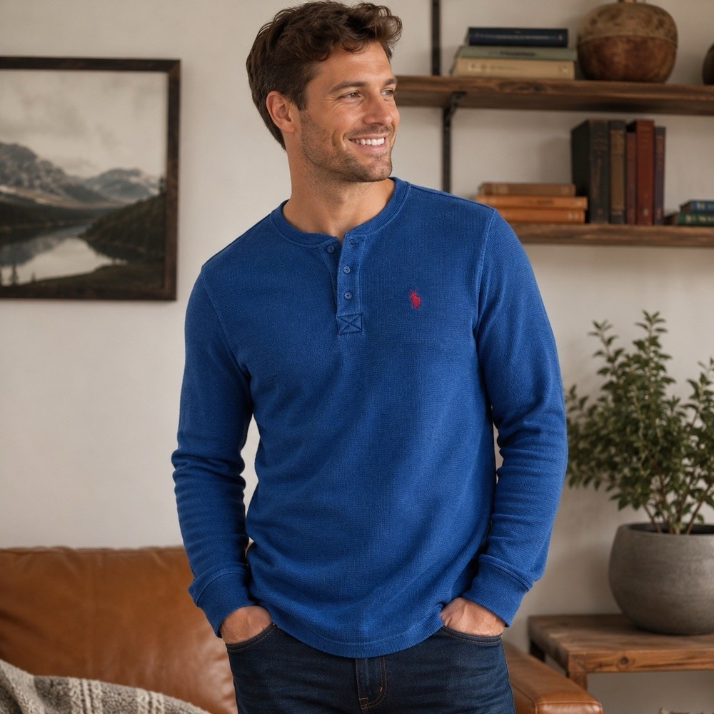 U.S. Polo Assn. Men's Long Sleeve Thermal Henley in blue red logo Large